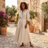 Button Front Maxi Shirt Dress with Waist Tie and Long Sleeves