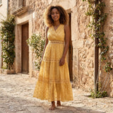 Tiered Lace Maxi Dress with V Neck and Flowy Skirt
