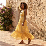 Tiered Lace Maxi Dress with V Neck and Flowy Skirt
