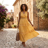 Tiered Lace Maxi Dress with V Neck and Flowy Skirt