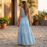 Tiered Lace Maxi Dress with V Neck and Flowy Skirt