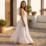 Tiered Lace Maxi Dress with V Neck and Flowy Skirt
