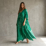 Boho Printed Maxi Dress with Loose Fit and V Neck