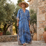 Boho Printed Maxi Dress with Loose Fit and V Neck