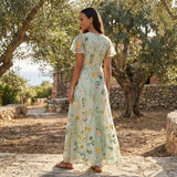 Floral Chiffon Maxi Dress with Short Sleeves and V Neck