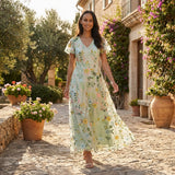 Floral Chiffon Maxi Dress with Short Sleeves and V Neck