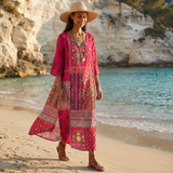 Boho Embroidered Midi Dress with Loose Fit and V Neck