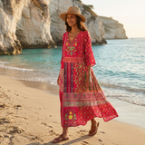 Boho Embroidered Midi Dress with Loose Fit and V Neck
