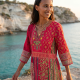 Boho Embroidered Midi Dress with Loose Fit and V Neck