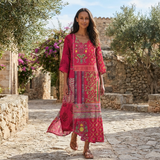Boho Embroidered Midi Dress with Loose Fit and V Neck