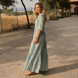 Printed Long Sleeve Maxi Dress with V Neck and Relaxed Fit