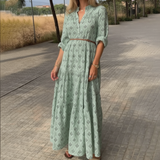 Printed Long Sleeve Maxi Dress with V Neck and Relaxed Fit