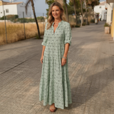 Printed Long Sleeve Maxi Dress with V Neck and Relaxed Fit