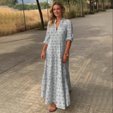 Printed Long Sleeve Maxi Dress with V Neck and Relaxed Fit