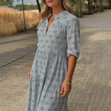 Printed Long Sleeve Maxi Dress with V Neck and Relaxed Fit