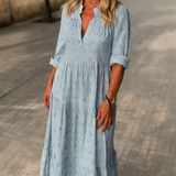 Printed Long Sleeve Maxi Dress with V Neck and Relaxed Fit
