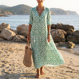 Floral V Neck Maxi Dress with Short Sleeves and Flowy Fit