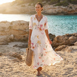 Floral V Neck Maxi Dress with Short Sleeves and Flowy Fit