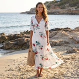 Floral V Neck Maxi Dress with Short Sleeves and Flowy Fit
