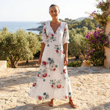 Floral V Neck Maxi Dress with Short Sleeves and Flowy Fit