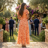 Floral Chiffon Midi Dress with Short Sleeves and Flowy Skirt