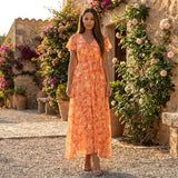 Floral Chiffon Midi Dress with Short Sleeves and Flowy Skirt