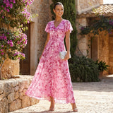 Floral Chiffon Midi Dress with Short Sleeves and Flowy Skirt