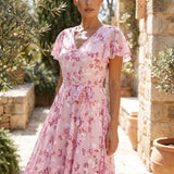 Floral Chiffon Midi Dress with Short Sleeves and Flowy Skirt