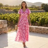 Floral Chiffon Midi Dress with Short Sleeves and Flowy Skirt