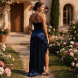 Satin Slip Maxi Dress with High Slit and Spaghetti Straps