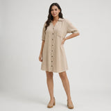 Button Front Shirt Mini Dress with Short Sleeves and Relaxed Fit