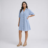 Button Front Shirt Mini Dress with Short Sleeves and Relaxed Fit