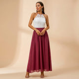 Halter Neck Lace Maxi Dress with Flowy Skirt