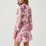 Floral Long Sleeve Mini Dress with V Neck and Flowy Skirt