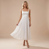 Square Neck Midi Dress with Flowy A Line Skirt