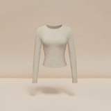 Yemelia beige long sleeve fitted crop top with thumbhole cuffs and crew neck, made from soft stretch fabric.