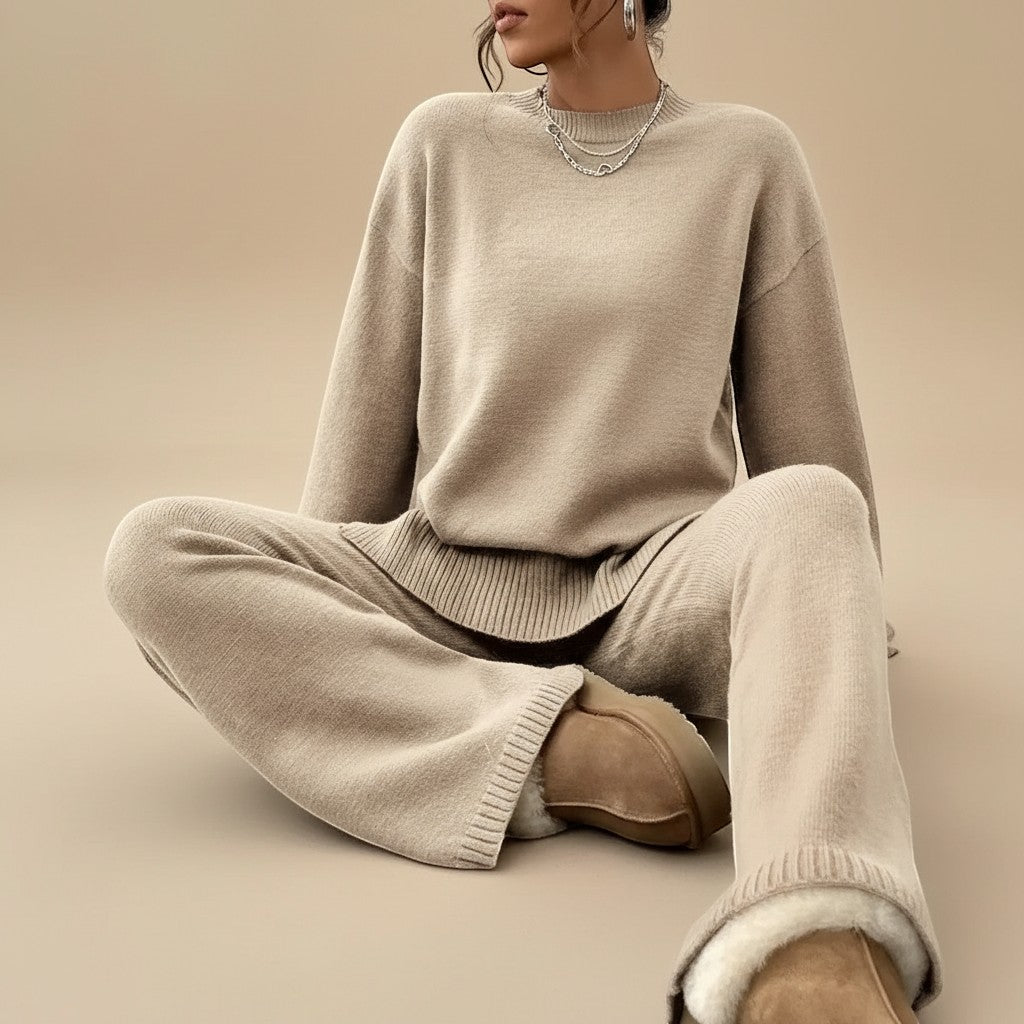 Yemelia beige knit lounge set with crewneck sweater and wide leg pants, featuring ribbed cuffs and hem. Soft and comfortable for casual wear.