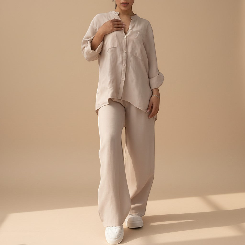 Yemelia beige relaxed fit button-down shirt and wide-leg pants set, lightweight textured fabric, drawstring waist.