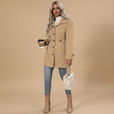 Yemelia beige tailored mid-length coat with button front, classic collar, and waist belt. Structured silhouette for versatile wear.