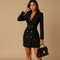 Yemelia black tailored double-breasted blazer mini dress with gold buttons and deep V-neckline.
