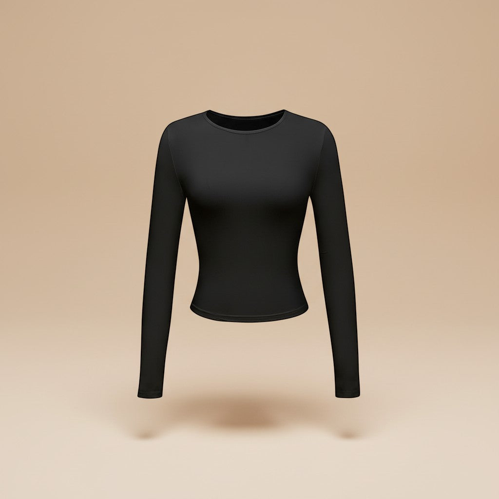 Yemelia black long sleeve fitted crop top with thumbhole cuffs made from soft, stretchy fabric.