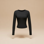 Yemelia black long sleeve fitted crop top with thumbhole cuffs made from soft, stretchy fabric.