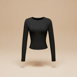 Yemelia black long sleeve fitted crop top with thumbhole cuffs made from soft, stretchy fabric.