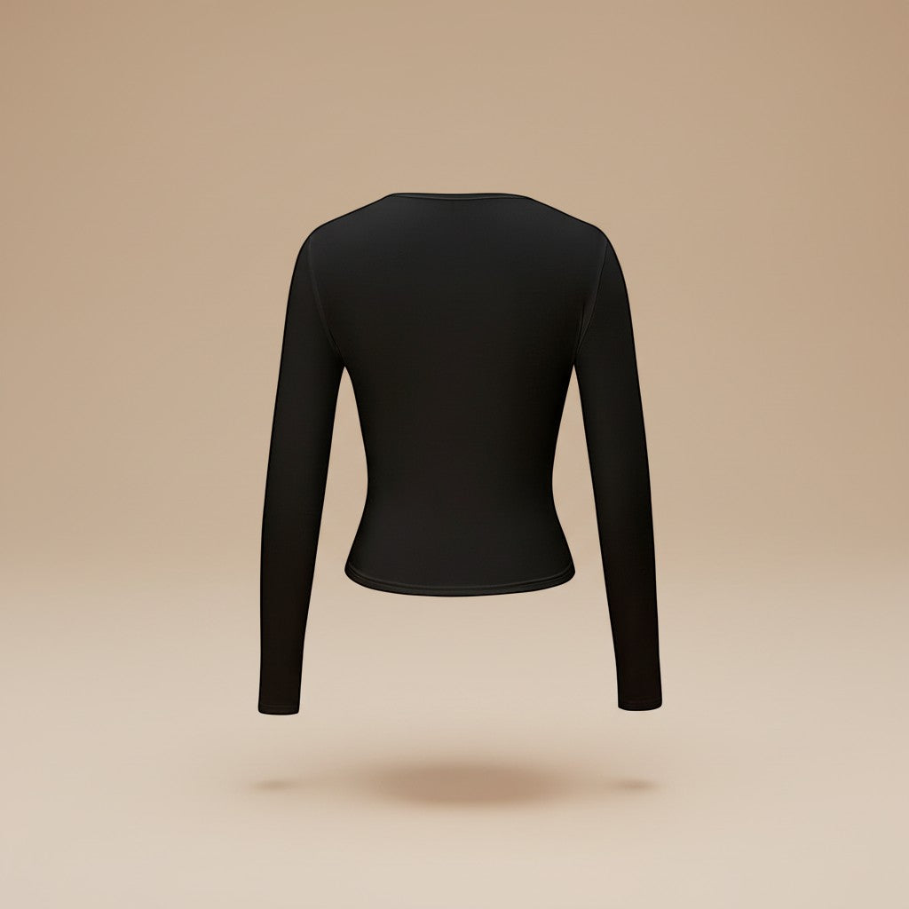 Yemelia black long sleeve fitted crop top with thumbhole cuffs, made from soft stretchy fabric.