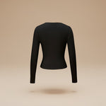 Yemelia black long sleeve fitted crop top with thumbhole cuffs, made from soft stretchy fabric.