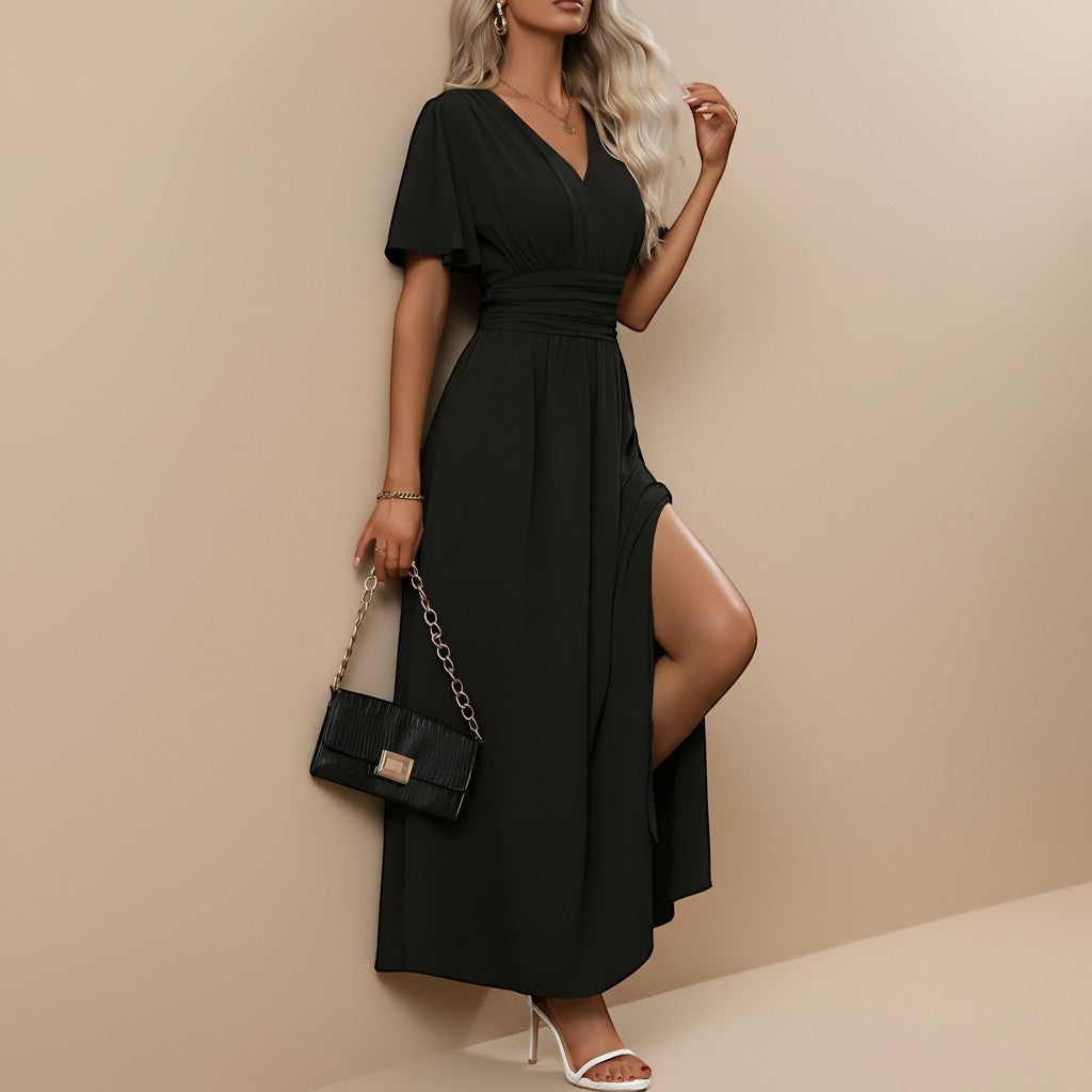 Yemelia black V neck flutter sleeve maxi dress with defined waist and high slit