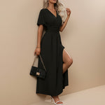 Yemelia black V neck flutter sleeve maxi dress with defined waist and high slit
