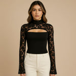 Yemelia black lace long sleeve top with high neck and chest cutout, fitted bodice.