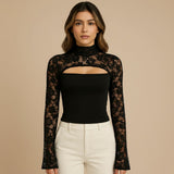 Yemelia black lace long sleeve top with high neck and chest cutout, fitted bodice.