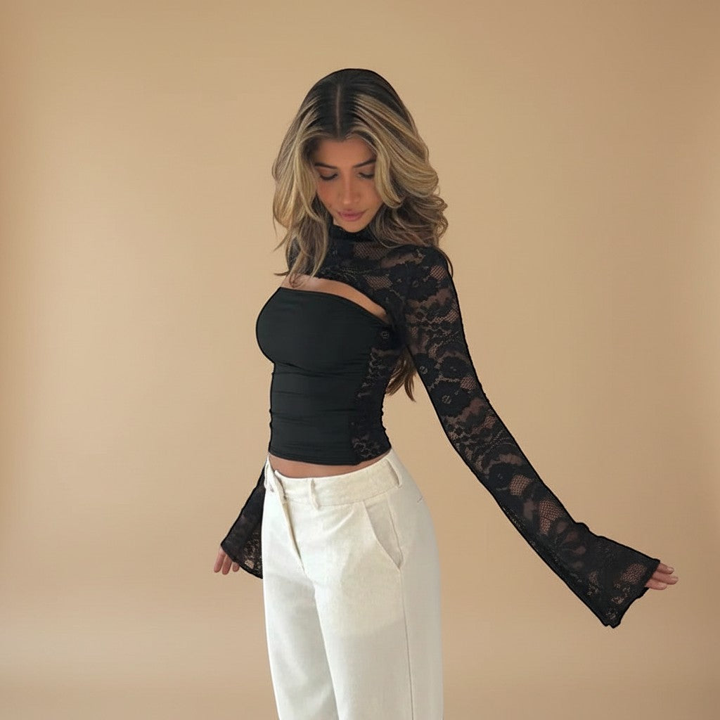 Yemelia black lace long sleeve top with high neck and chest cutout, fitted bodice.